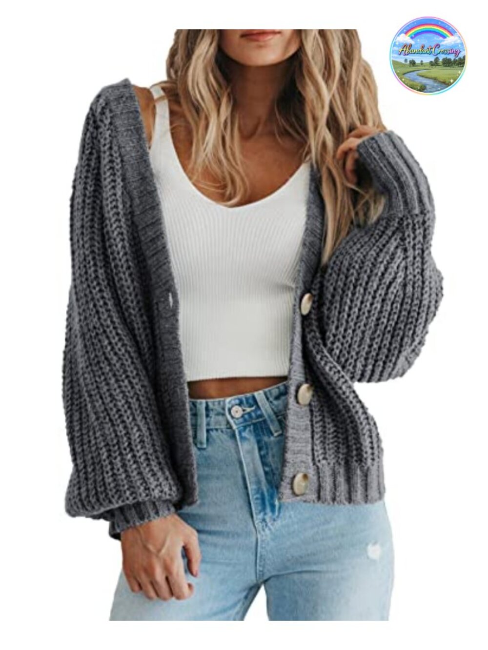 Chunky Knit Open Front Cardigan Sweater with Buttons Long Sleeve V Neck